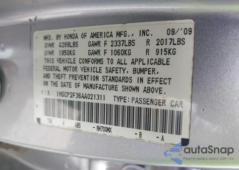 2010 Honda Accord Lx z USA, uszkodzony, nr VIN 1HGCP2F36AA021311